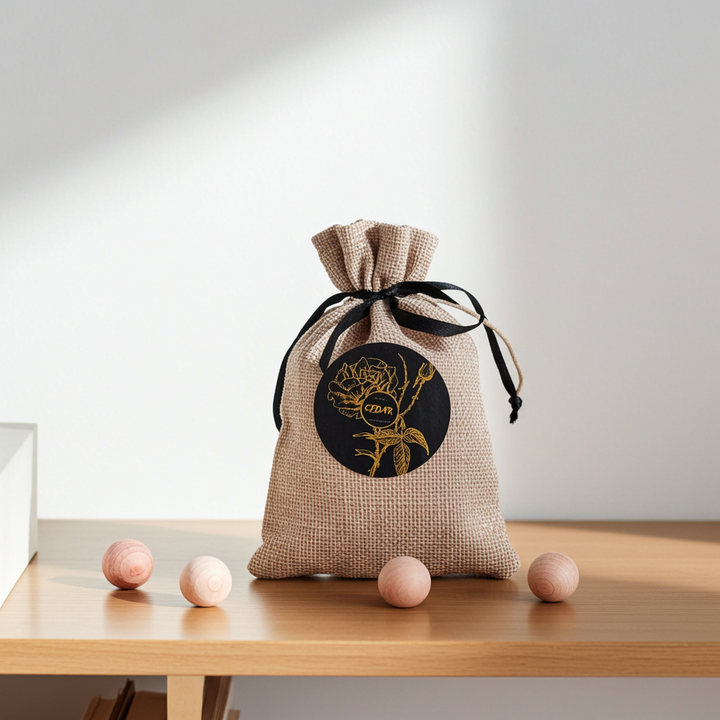Burlap drawstring bag with a logo on a wooden surface