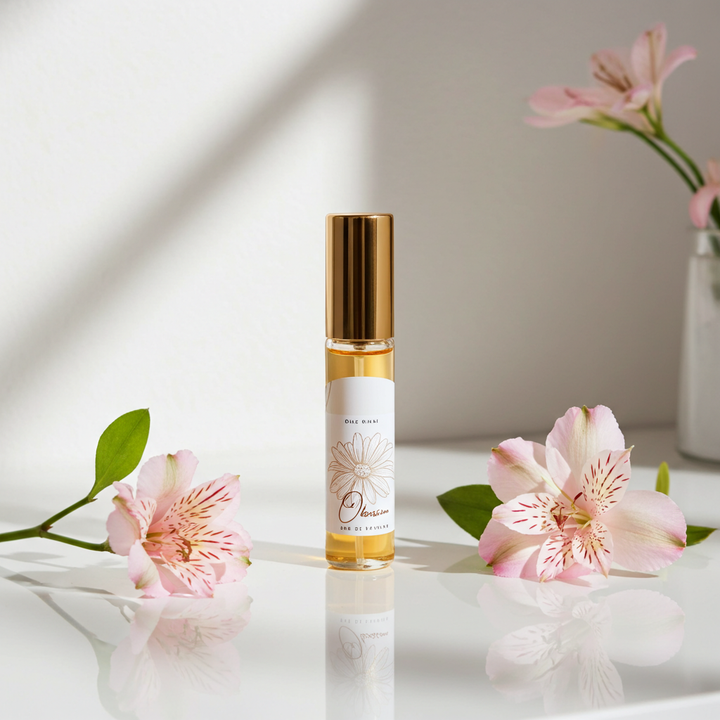 Roll-on bottle with gold cap and white label on a reflective surface with pink flowers.