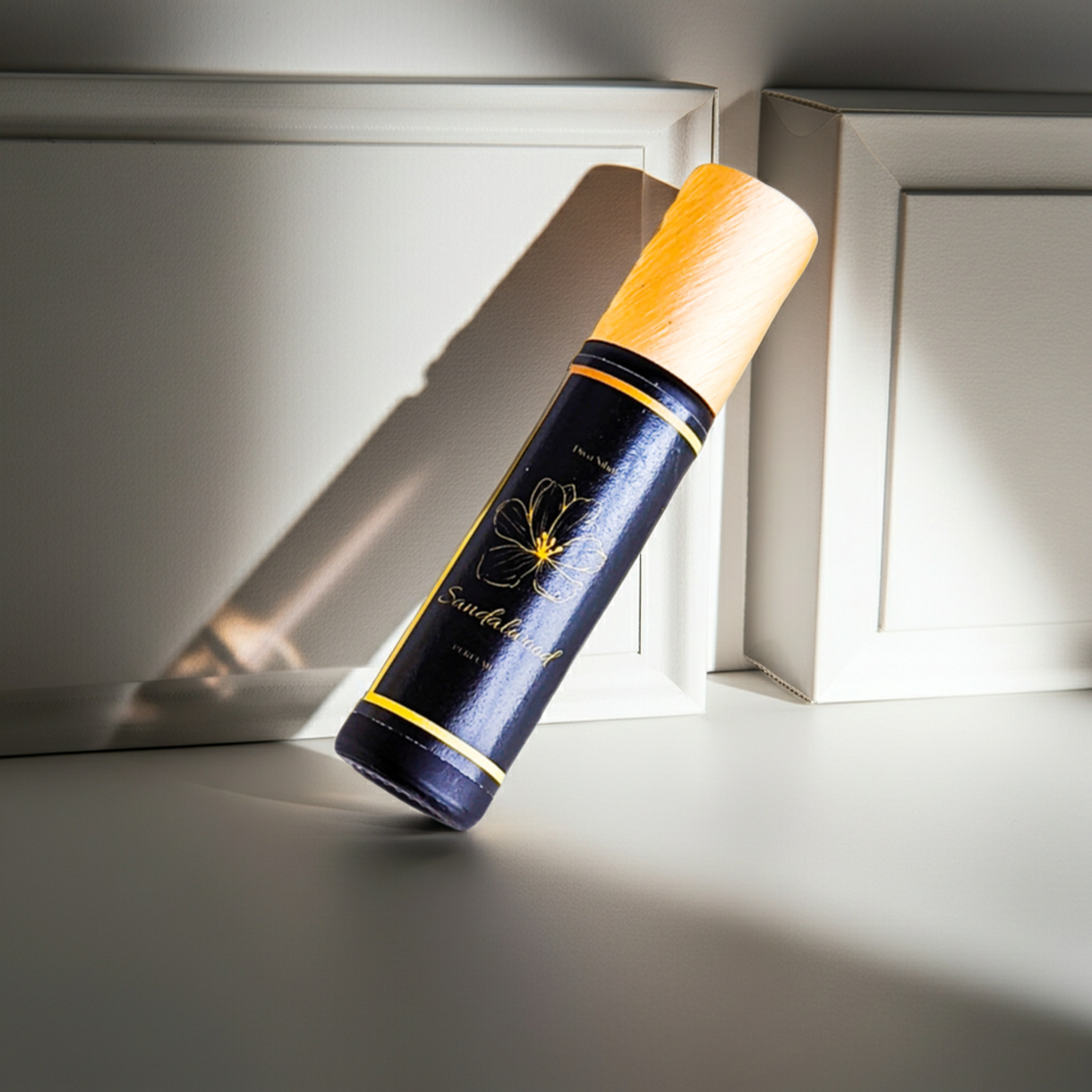 Black and gold bottle with a flower design on a white surface